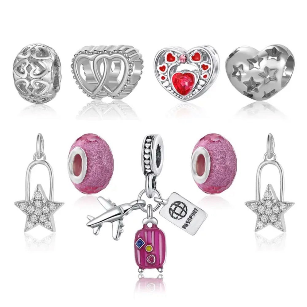 9pc Set Silver and Pink Charm